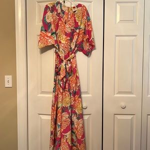Farm Rio for Anthropologie silky pink floral wide leg jumpsuit